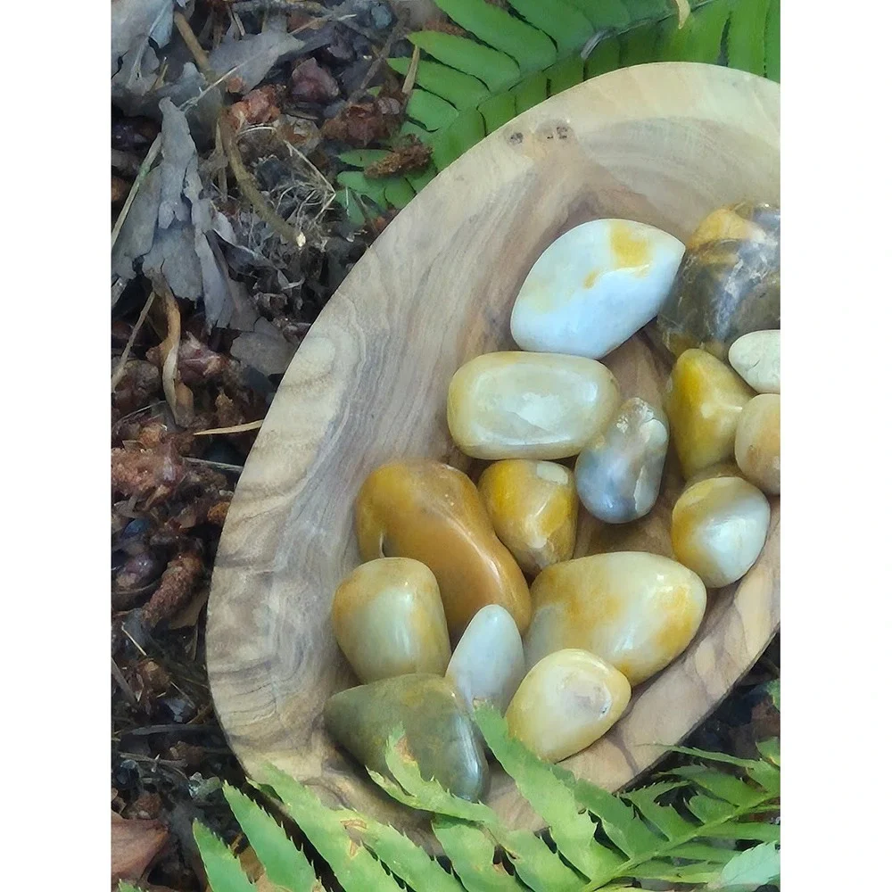 Handcrafted Rustic Olive Wood Oval Bowl w/ PNW Carnelian Agates & Yellow Jasper